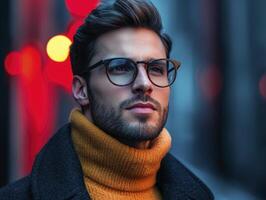 In the realm of sophisticated style, where modern aesthetics intertwine with a touch of timeless elegance, we encounter a man embodying the essence of contemporary fashion Adorned with trendy glasses photo