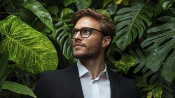In the realm of verdant aspirations, a young entrepreneur stands, his gaze fixed on the horizon of innovation Spectacles perch upon his nose, framing eyes that reflect a modern branding aesthetic, an photo