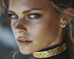 In the realm of ultra-minimalist portraiture, a captivating model emerges, adorned solely with a radiant gold choker This striking composition celebrates simplicity, emphasizing the subject's photo