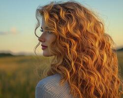 In the soft embrace of the fading day, a woman with a cascade of radiant, curly hair stands poised against the horizon The sunset's golden hues dance upon her locks, turning them into a fiery halo photo
