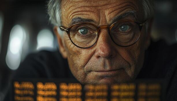 In the soft glow of a screen, an elderly investor is deeply engrossed, his brow furrowed in concentration as he analyzes macroeconomic indicators Financial plans dance in his mind, shifting and photo