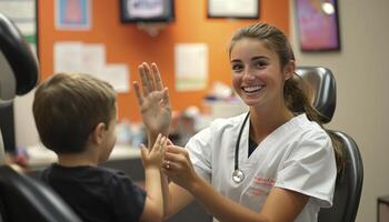 In the sterile yet friendly confines of a pediatrician's office, a heartwarming scene unfolds as a young doctor, beaming with genuine warmth, shares a celebratory high-five with a child patient photo