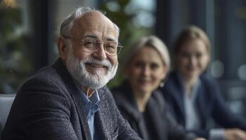 In the tranquil setting of a financial consultation, an elderly man, his face etched with the wisdom of years, meets with a financial advisor Sunlight streams in, illuminating the room as they photo