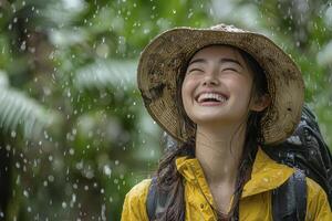 In the vibrant embrace of a tropical rainforest, a lone backpacker finds unadulterated joy Undeterred by the downpour, she throws her head back, laughter bubbling from her soul The rain, a cool photo