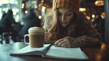 In the warm ambiance of a cozy coffee shop, a focused entrepreneur leans over her notebook, diligently sketching out ambitious business growth strategies Sunlight streams through the window photo