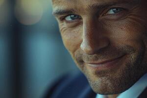 In this captivating close-up, a smiling man exudes confidence and charm His stylish appearance and well-groomed features are accentuated by the high-quality portraiture The subtle details of his photo
