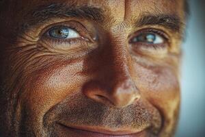 In this captivating close-up, we encounter a man whose radiant smile etches a narrative of joy and confidence onto his visage His well-groomed appearance speaks volumes, hinting at a life lived with photo