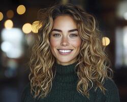 In this captivating portrait, a radiant woman with cascading curly hair exudes pure joy Her eyes sparkle with warmth, reflecting the magical bokeh lights that dance in the background The serene photo