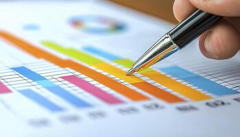 In this image, a focused professional is depicted using a pen to highlight key data on a vibrant, multicolored chart, symbolizing strategic analysis and meticulous review of information The visual photo