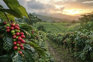 Nestled amidst rolling hills, a vibrant coffee plantation thrives, powered by the sun's embrace Solar panels gleam, capturing energy for eco-friendly processing, a testament to sustainable practices photo