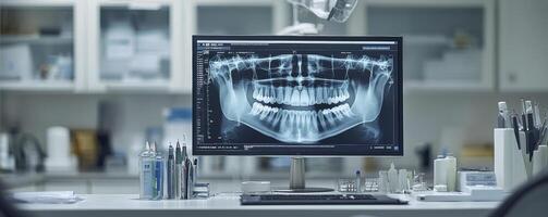 The advanced AI-powered dental analysis system meticulously scans a patient's oral X-ray images, employing cutting-edge algorithms for precise diagnostics This innovative technology enhances dental photo