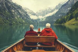 Serene Reflections An elderly couple, their hair silvered by time, share a tranquil boat ride on a mirror-like lake Surrounded by towering mountains, their peaks kissed by lingering clouds, they find photo