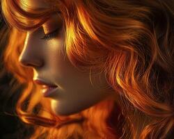 The enchanting portrait captures a woman, her face serene, bathed in the warm, ethereal glow of the evening light Her curly hair, a cascade of fiery hues, seems to dance with the very essence of photo