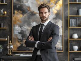 The astute CEO stands confidently in his modern workspace, arms crossed, embodying success and professional acumen His neat haircut and tailored suit exude an air of authority, blending seamlessly photo