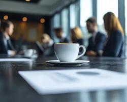 The early morning sun streams through the window as business executives gather at a stylish coffee shop The aroma of freshly brewed espresso fills the air, energizing the team They huddle together photo