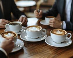 The image depicts a sophisticated coffee shop scene where business executives convene for a morning meeting, setting the stage for a productive day Amidst the aroma of freshly brewed espresso, these photo
