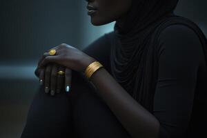 The image showcases a stunning contrast between a sleek, all-black outfit and delicate gold rings The simplicity of the black attire highlights the intricate details and elegance of the jewelry photo