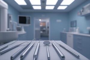 The photograph showcases a meticulously arranged dental treatment space, bathed in soft, advanced lighting Sterilized dental tools are neatly laid out, reflecting the commitment to hygiene The photo