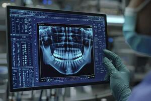 Within the immaculate walls of a spotless clinic, a seasoned expert meticulously analyzes a digital dental X-ray displayed on a high-resolution interface This advanced technology allows for a photo