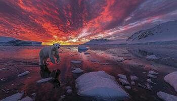 A breathtaking image captures a polar bear in mid-leap between two icy platforms, set against the mesmerizing backdrop of an Arctic sunset The sky explodes with vibrant hues of red, orange, and pink photo