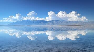 A breathtaking panorama unfolds, showcasing nature's serene masterpiece Billowing, fluffy clouds dance gracefully across the azure sky, mirrored flawlessly in the tranquil waters of a pristine lake photo