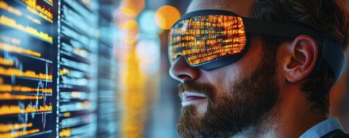A business analyst is immersed in global market analysis, leveraging a virtual reality interface for an immersive remote working experience, empowered by cutting-edge AI to enhance finance tracking photo