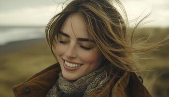 A captivating close-up showcases a woman radiating joy, her eyes gently closed as if savoring a precious moment Her smile, genuine and bright, illuminates her face, reflecting inner peace and photo