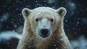 A captivating close-up unveils the majestic polar bear, its snout dusted with pristine snow, showcasing the raw beauty of the Arctic wilderness Its dense fur, a testament to survival, glistens under photo