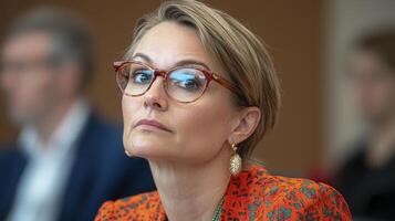 A captivating close-up unveils the resolute gaze of a female executive, radiating intelligence and confidence Her poised demeanor hints at years of experience and unwavering determination in photo