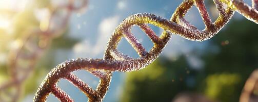 A captivating image presenting a macro view of a DNA helix, artfully rendered with digital techniques to enhance its vibrant colors and intricate structure The helix is bathed in a warm, ethereal photo