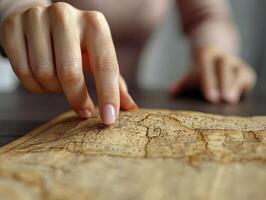 A close-up image showcases a weathered map resting on a table's surface, partially obscured from view A gentle hand delicately explores the map's contours, its fingertips tracing intricate lines and photo