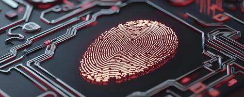 A close-up image depicts a fingerprint scan on a futuristic circuit board, symbolizing technological advancement and biometric security The fingerprint, rendered in a glowing red hue, contrasts with photo