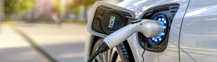 A close-up shot showcasing the charging process of an electric vehicle EV, revealing the modern design of the charging port and the integrated power supply cable, emphasizing the transition to photo