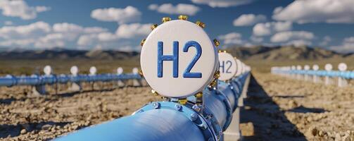 A close-up view showcases a vibrant blue hydrogen pipeline stretching across a desolate desert landscape, symbolizing the future of clean energy The pipeline, adorned with prominent H2 markers photo