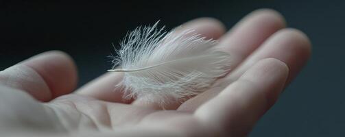 A delicate dance of breath and feather, the essence of lightness captured in a single moment Palm cradling fragility, a puff of air ignites a subtle ballet Softness personified, a whisper of movement photo
