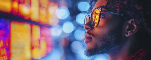 A freelancer, illuminated by the soft glow of a cloud-based AI workstation, immersed in the digital realm Complex algorithms dance across the screen, reflecting in his glasses, a symphony of data and photo