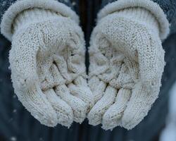 A gentle snow descends, blanketing the world in a serene hush Warm, woolen mittens cradle the delicate flakes, a comforting shield against the winter's chill The slow, rhythmic breathing of the photo