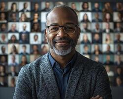 A harmonious mosaic of faces fills a conference screen, representing the interconnectedness of our modern world Each participant, a window into diverse cultures and experiences, contributes to photo