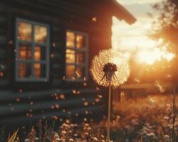 A luminous dandelion clock, bathed in the golden hues of a setting sun, stands gracefully in a serene meadow Delicate seeds, detached by a gentle breeze, dance on currents of air, scattering dreams photo