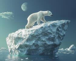 A majestic polar bear, its fur pristine white, claws gripping the icy edge with determination Perched precariously atop a solitary ice floe, the bear surveys the frigid expanse of Arctic waters The photo