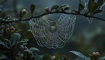 A mesmerizing dance of nature unfolds, where a delicate spiderweb, a testament to architectural prowess, is adorned with the glistening jewels of morning dew Each droplet, a tiny prism, captures and photo