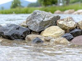 A pristine river meanders gracefully through a serene landscape, its surface shimmering with a thousand tiny sparkles The water's exceptional clarity allows one to peer deep into its depths photo