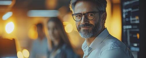A seasoned startup executive, glasses perched on his nose, surveys his team's progress The soft glow of futuristic dashboards illuminates his face, reflecting the AI-powered task management system photo