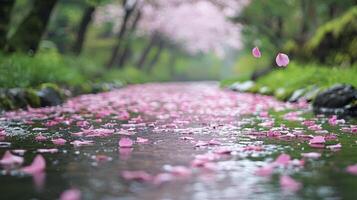 A serene and picturesque scene unfolds, revealing a gentle forest stream meandering beneath the graceful canopy of cherry blossom trees, their delicate branches laden with soft, pink flowers The air photo