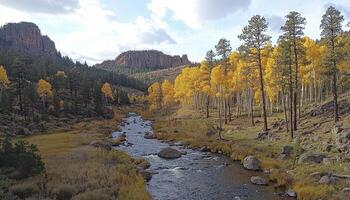 A secluded forest stream meanders gracefully through the heart of deep, dramatic canyons, its presence adding an air of mystery and enchantment to the already breathtaking landscape Towering trees photo