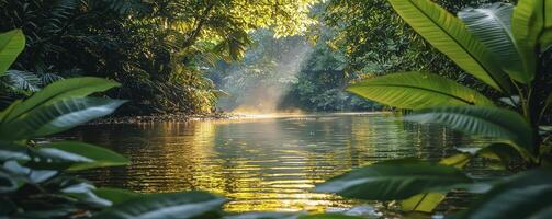 A serene forest landscape captures a tranquil stream gently flowing, framed by vibrant green foliage that creates a sense of depth and enclosure Sunlight filters through the canopy, casting ethereal photo
