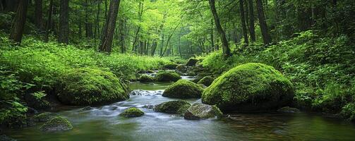 A serene forest stream meanders through a verdant landscape, where towering trees cast dappled shadows upon the water's surface Moss-covered boulders line the banks, creating a tranquil haven for photo