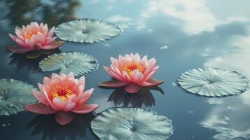 A serene lake reflects the soft hues of the sky, mirroring the tranquility found within Lotus flowers, symbols of purity and enlightenment, float gracefully on the still water Each bloom, a testament photo