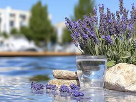 A serene landscape unfolds as a tranquil river meanders gracefully through a vibrant lavender field, bathed in the soft, ethereal light of dusk The air is filled with the calming fragrance of photo