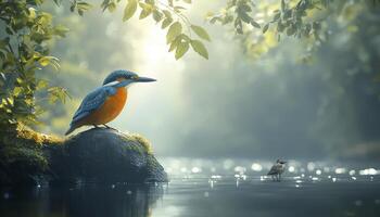 A serene jungle scene unfolds, where a vibrant forest stream meanders through lush greenery Exotic birds, adorned with dazzling plumage, perch gracefully on low-hanging branches, their melodic songs photo